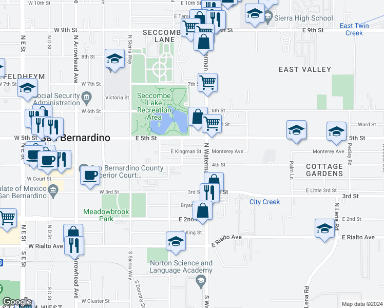 map of restaurants, bars, coffee shops, grocery stores, and more near 273 East Kingman Street in San Bernardino