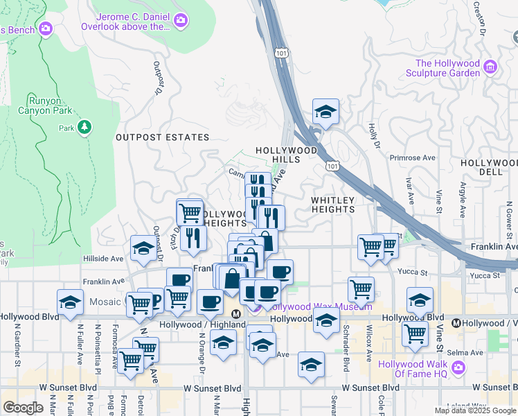 map of restaurants, bars, coffee shops, grocery stores, and more near 2011 Highland Avenue in Los Angeles