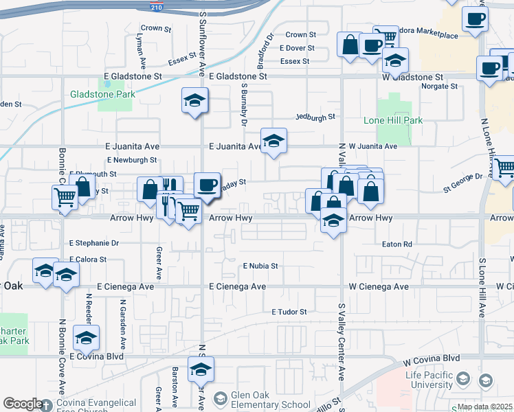 map of restaurants, bars, coffee shops, grocery stores, and more near 1033 East Arrow Highway in Glendora