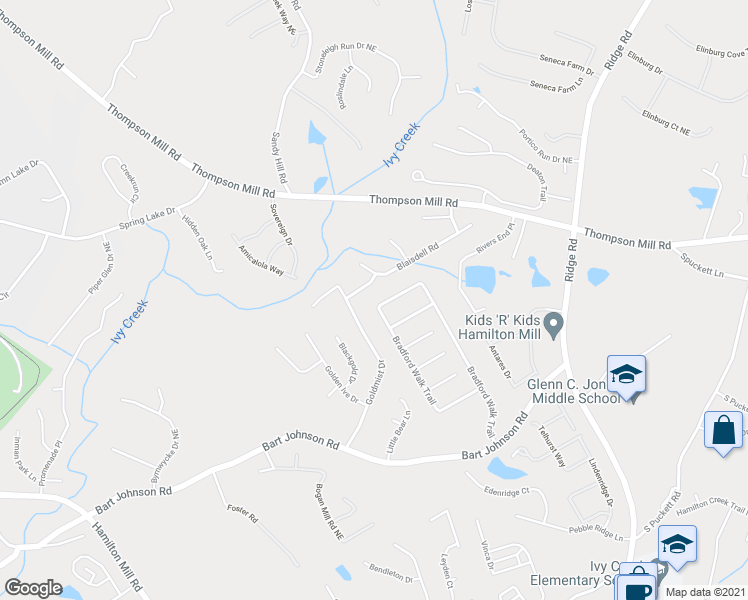 map of restaurants, bars, coffee shops, grocery stores, and more near 3915 Bradford Walk Trail in Buford