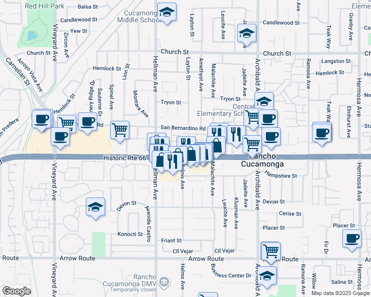 map of restaurants, bars, coffee shops, grocery stores, and more near 8074 Joplin Place in Rancho Cucamonga