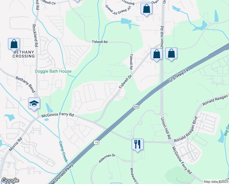 map of restaurants, bars, coffee shops, grocery stores, and more near 595 Wendlebury Court in Alpharetta