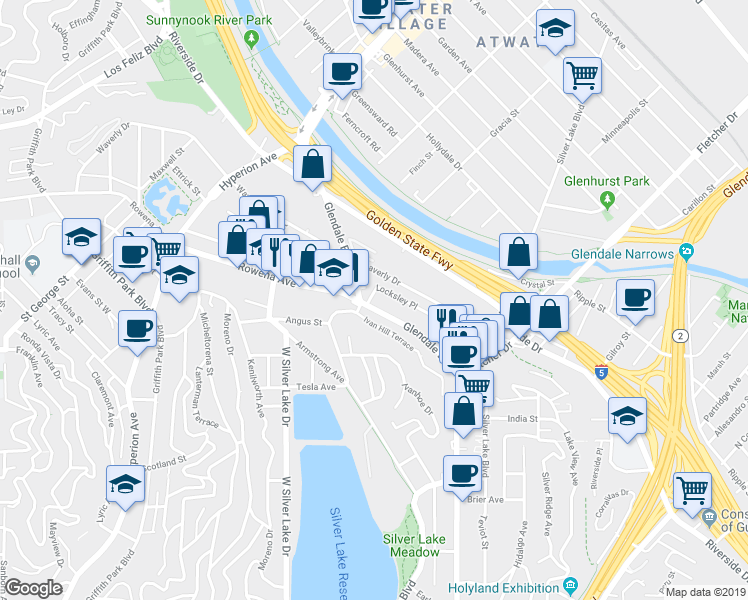 map of restaurants, bars, coffee shops, grocery stores, and more near 2756 Locksley Place in Los Angeles
