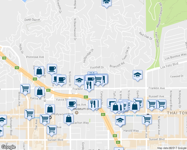 map of restaurants, bars, coffee shops, grocery stores, and more near 1967 North Bronson Avenue in Los Angeles
