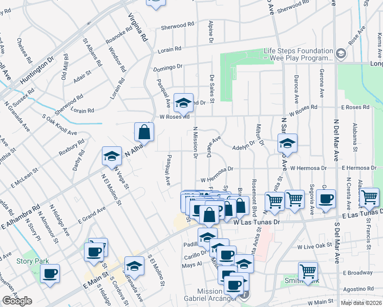 map of restaurants, bars, coffee shops, grocery stores, and more near 322 North Mission Drive in San Gabriel