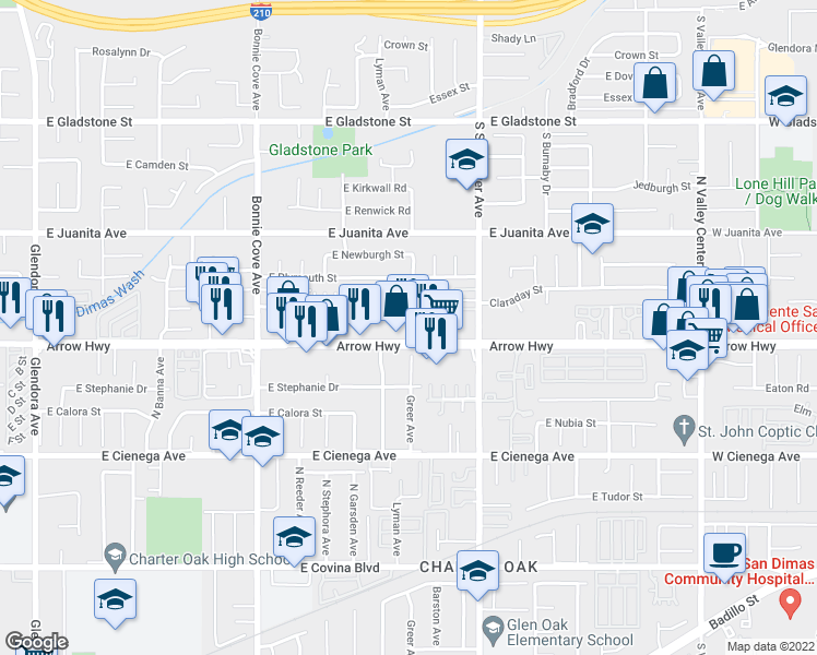 map of restaurants, bars, coffee shops, grocery stores, and more near 757 East Arrow Highway in Glendora