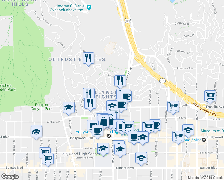 map of restaurants, bars, coffee shops, grocery stores, and more near 2027 Highland Avenue in Los Angeles