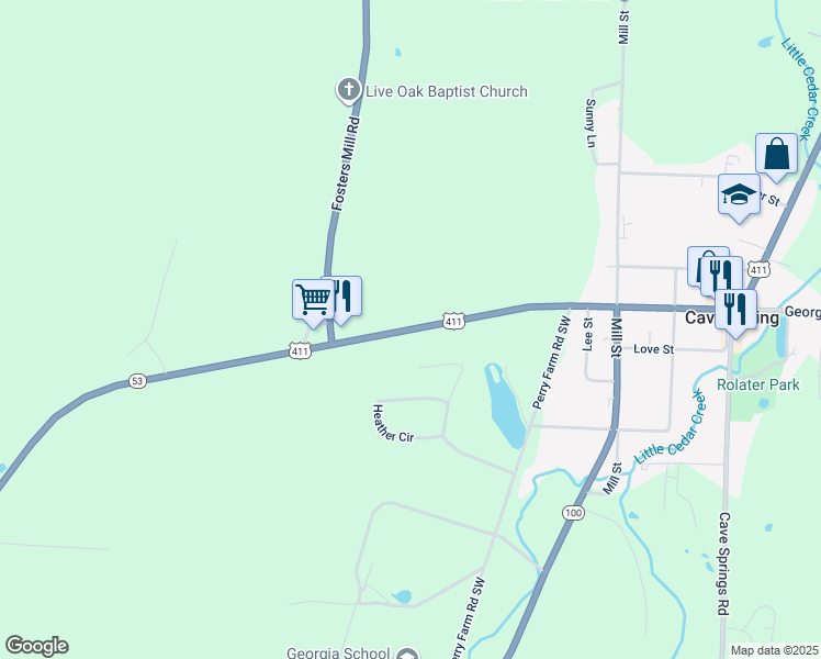 map of restaurants, bars, coffee shops, grocery stores, and more near in Cave Spring