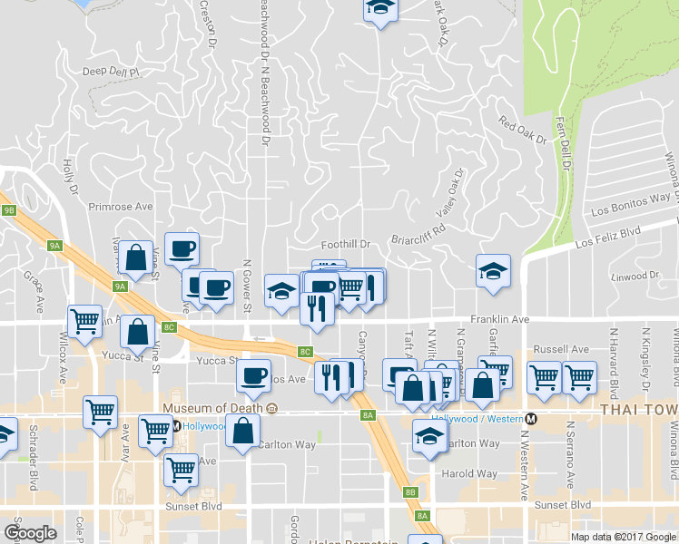 map of restaurants, bars, coffee shops, grocery stores, and more near 1967 N Bronson Ave in Los Angeles