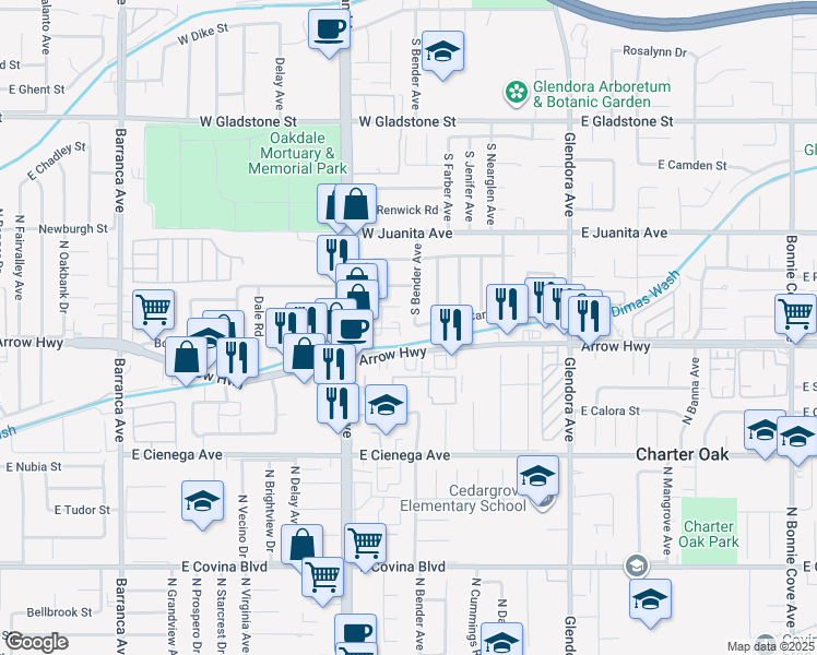 map of restaurants, bars, coffee shops, grocery stores, and more near 1747 South Bender Avenue in Glendora