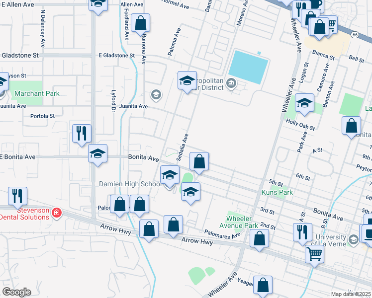 map of restaurants, bars, coffee shops, grocery stores, and more near 1213 Vega Circle in La Verne
