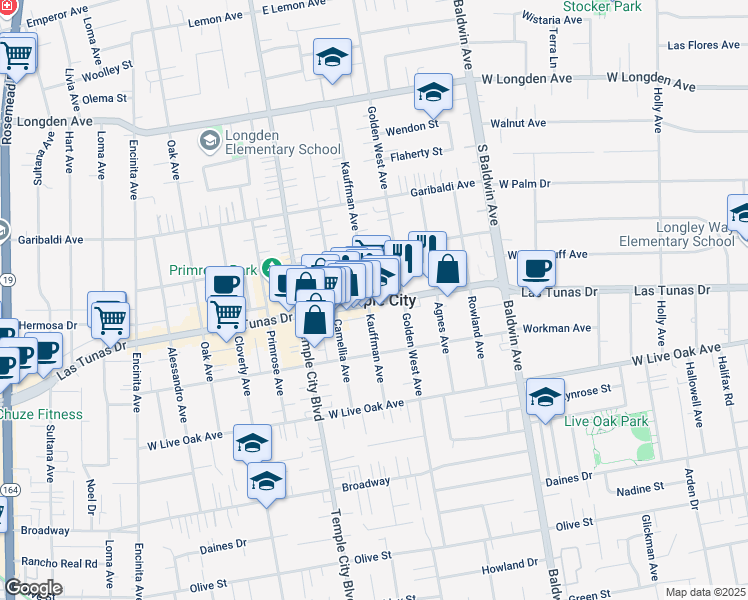 map of restaurants, bars, coffee shops, grocery stores, and more near Arden Drive in Temple City