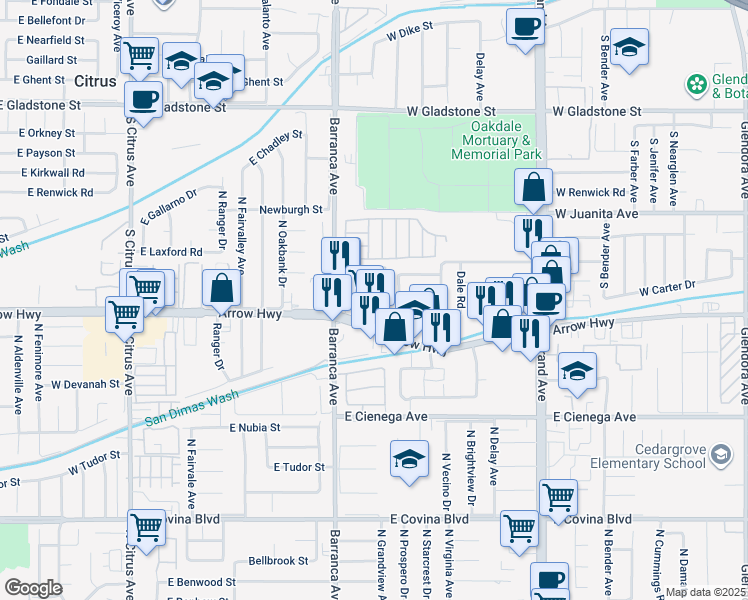 map of restaurants, bars, coffee shops, grocery stores, and more near 925 Bonita Avenue in Glendora