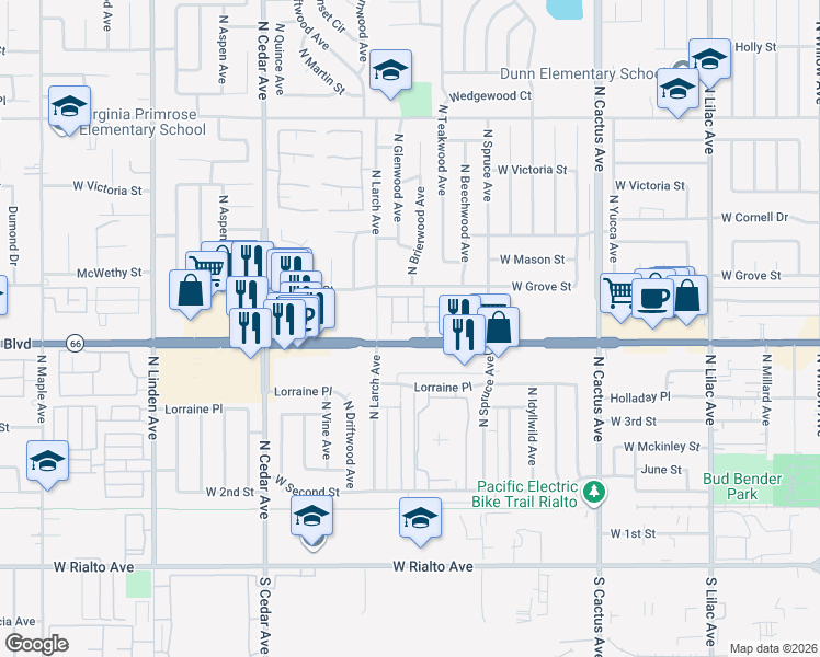 map of restaurants, bars, coffee shops, grocery stores, and more near 1035 West Clover Avenue in Rialto