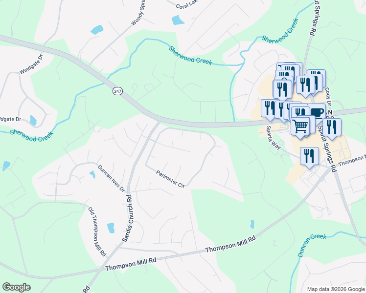 map of restaurants, bars, coffee shops, grocery stores, and more near 2851 Pleasant Oak Drive in Buford