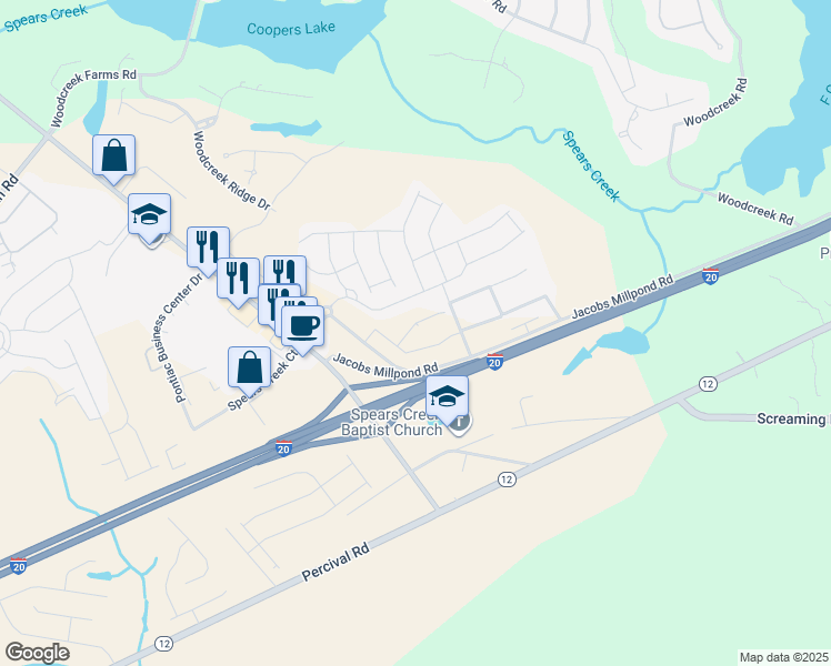 map of restaurants, bars, coffee shops, grocery stores, and more near 769 Jacobs Millpond Road in Columbia