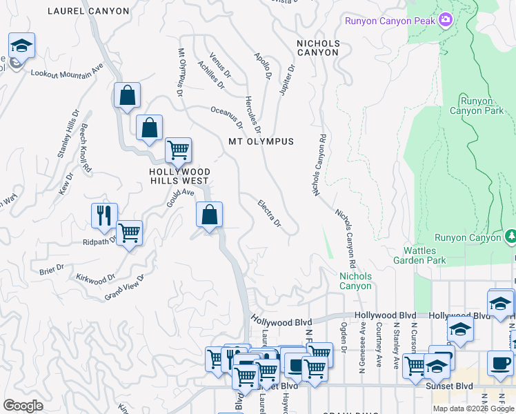 map of restaurants, bars, coffee shops, grocery stores, and more near 1940 Mount Olympus Drive in Los Angeles