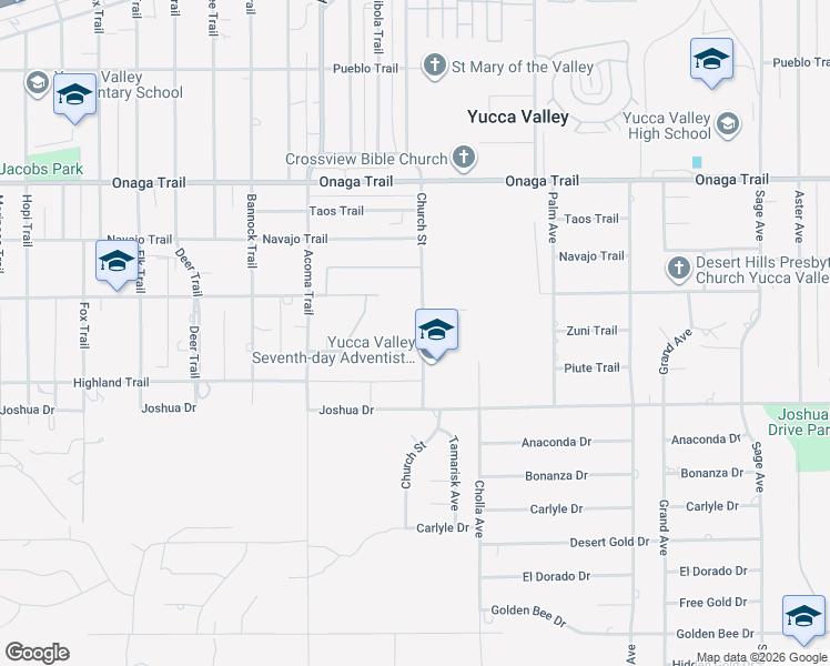 map of restaurants, bars, coffee shops, grocery stores, and more near 7948 Church Street in Yucca Valley