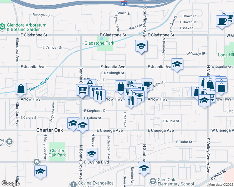 map of restaurants, bars, coffee shops, grocery stores, and more near 715 East Arrow Highway in Glendora