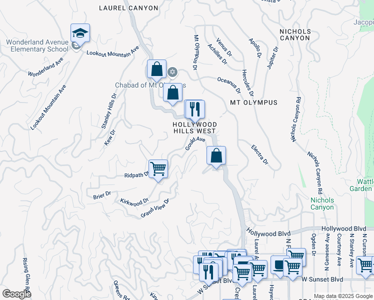 map of restaurants, bars, coffee shops, grocery stores, and more near Gould Avenue in Los Angeles