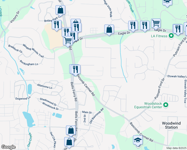 map of restaurants, bars, coffee shops, grocery stores, and more near 251 Strawberry Lane in Woodstock