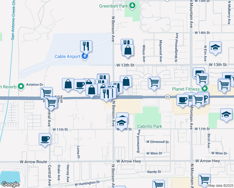 map of restaurants, bars, coffee shops, grocery stores, and more near in Upland