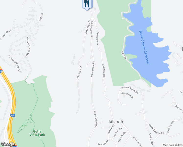 map of restaurants, bars, coffee shops, grocery stores, and more near 2041 Roscomare Road in Los Angeles