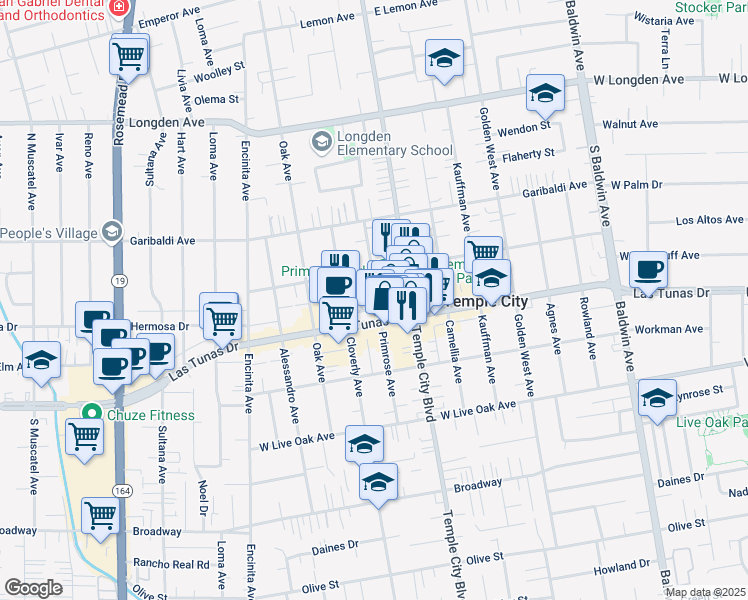 map of restaurants, bars, coffee shops, grocery stores, and more near 9557 East Las Tunas Drive in Temple City