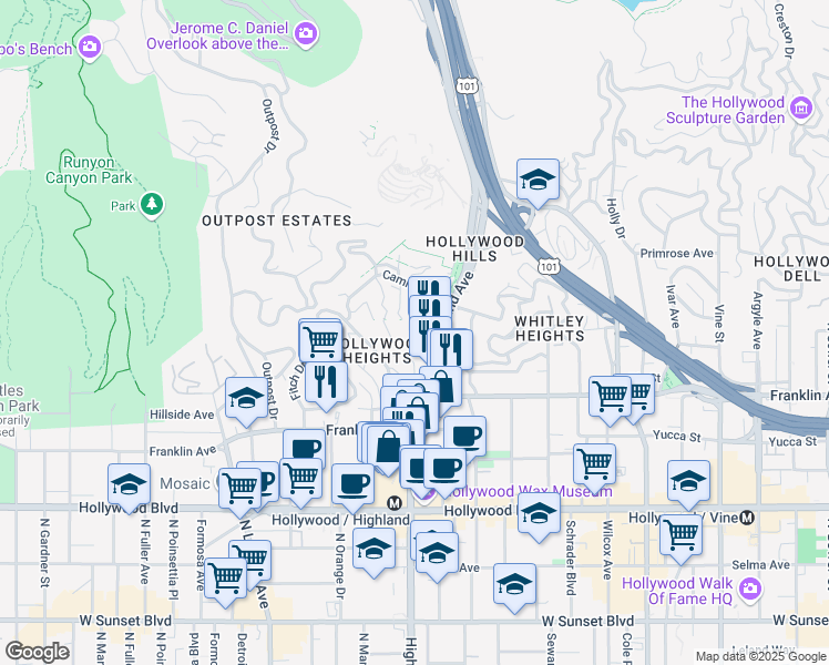 map of restaurants, bars, coffee shops, grocery stores, and more near 2027 Highland Avenue in Los Angeles