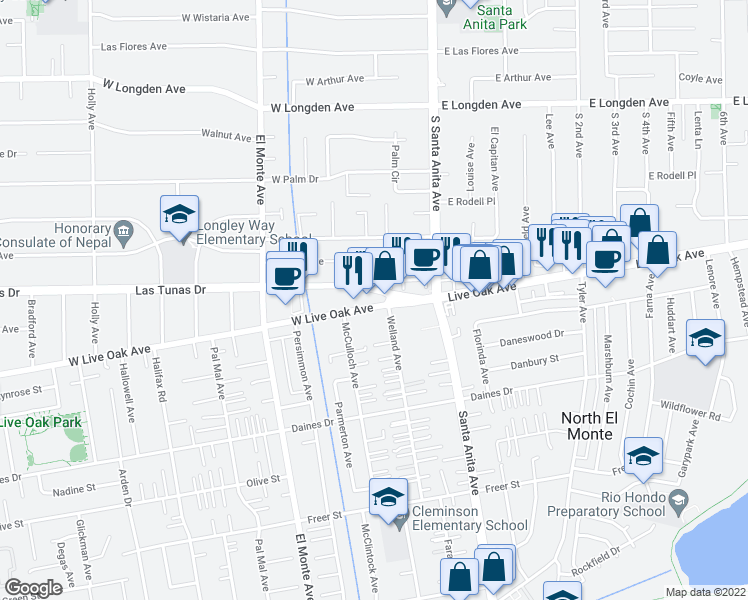 map of restaurants, bars, coffee shops, grocery stores, and more near 50 Las Tunas Drive in Arcadia