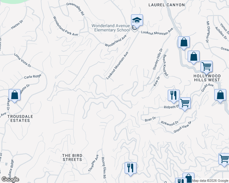 map of restaurants, bars, coffee shops, grocery stores, and more near 8875 Appian Way in Los Angeles