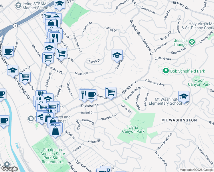 map of restaurants, bars, coffee shops, grocery stores, and more near 3526 Loma Lada Drive in Los Angeles