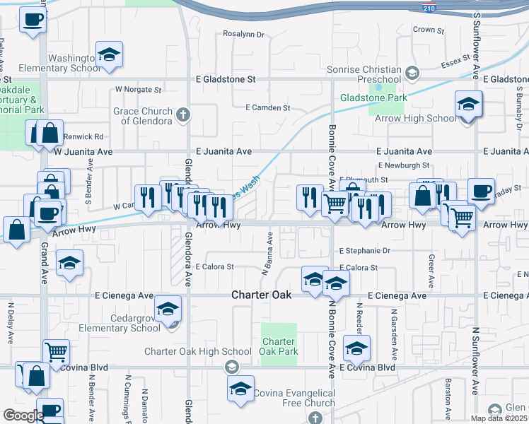 map of restaurants, bars, coffee shops, grocery stores, and more near 299 East Arrow Highway in Glendora