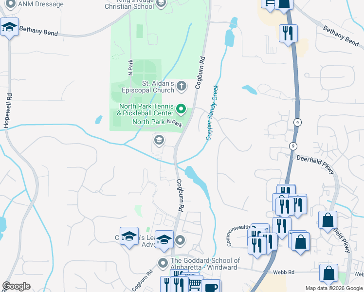 map of restaurants, bars, coffee shops, grocery stores, and more near 13365 Cogburn Road in Alpharetta
