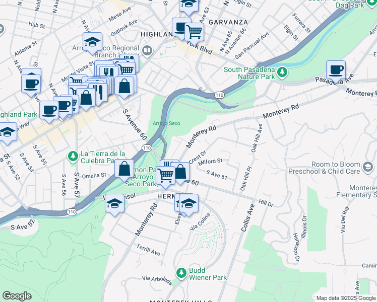 map of restaurants, bars, coffee shops, grocery stores, and more near 6117 Monterey Road in Los Angeles