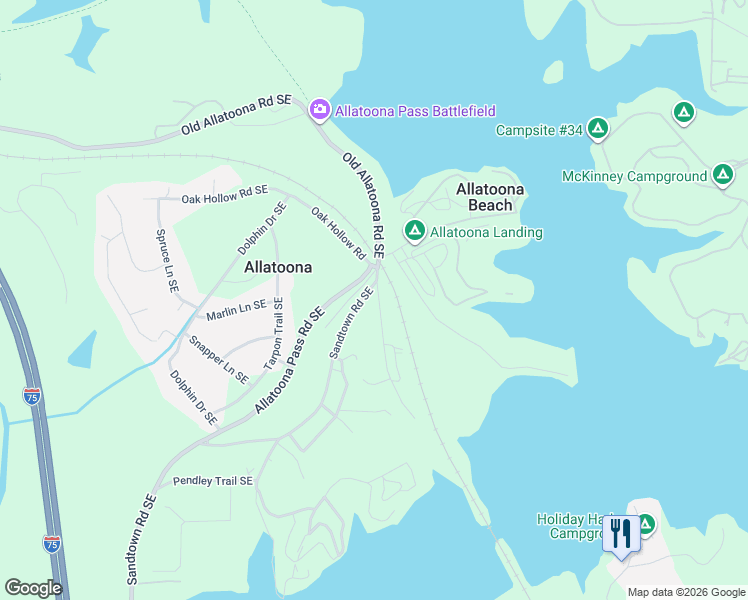 map of restaurants, bars, coffee shops, grocery stores, and more near 594 Old Allatoona Road Southeast in Cartersville