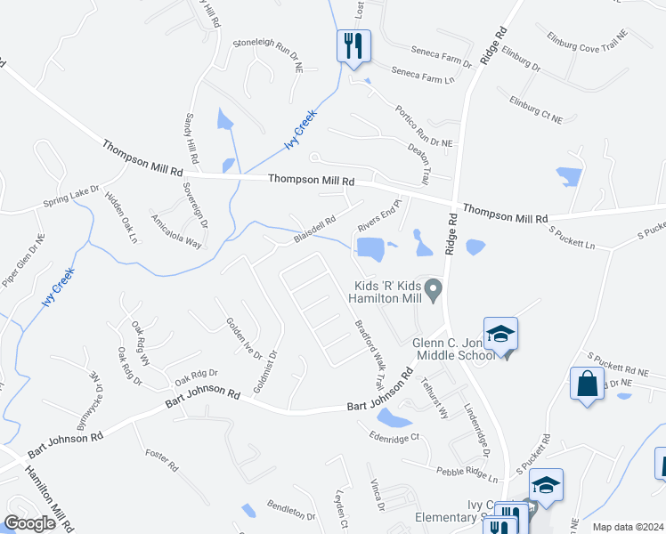 map of restaurants, bars, coffee shops, grocery stores, and more near 3795 Bradford Walk Trail in Buford