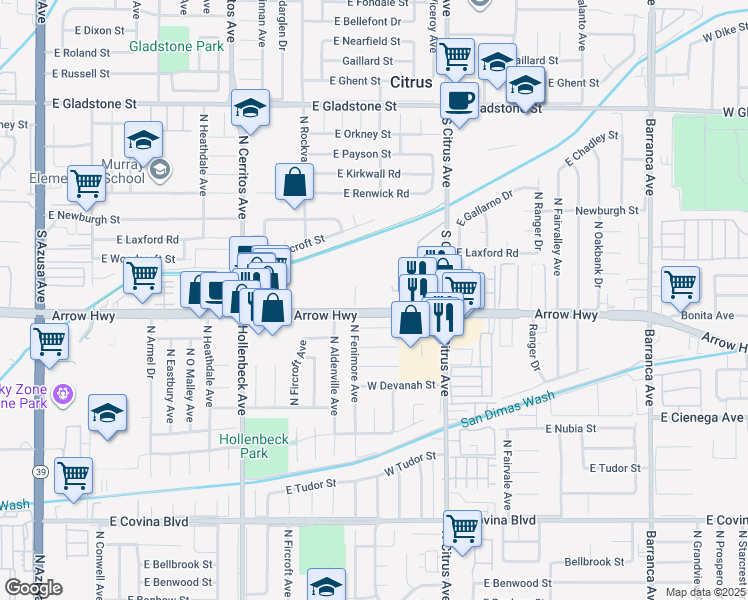 map of restaurants, bars, coffee shops, grocery stores, and more near 765 East Arrow Highway in Azusa
