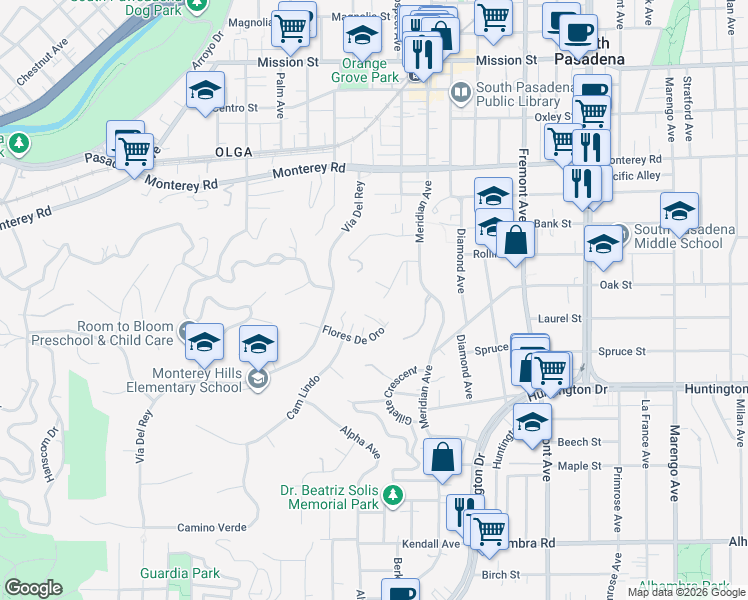 map of restaurants, bars, coffee shops, grocery stores, and more near 801 Rollin Street in South Pasadena