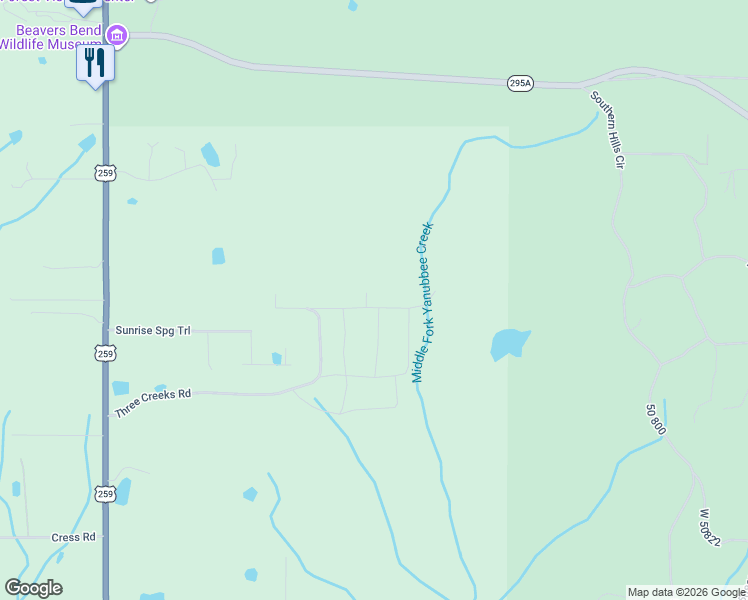 map of restaurants, bars, coffee shops, grocery stores, and more near 249 Split Paddle Lane in Broken Bow
