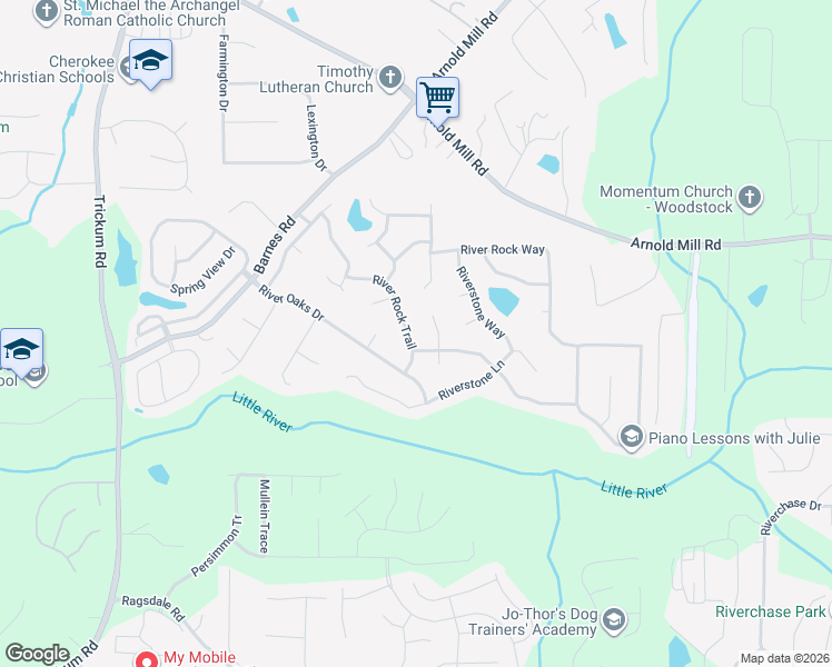 map of restaurants, bars, coffee shops, grocery stores, and more near 1808 River Rock Trail in Woodstock
