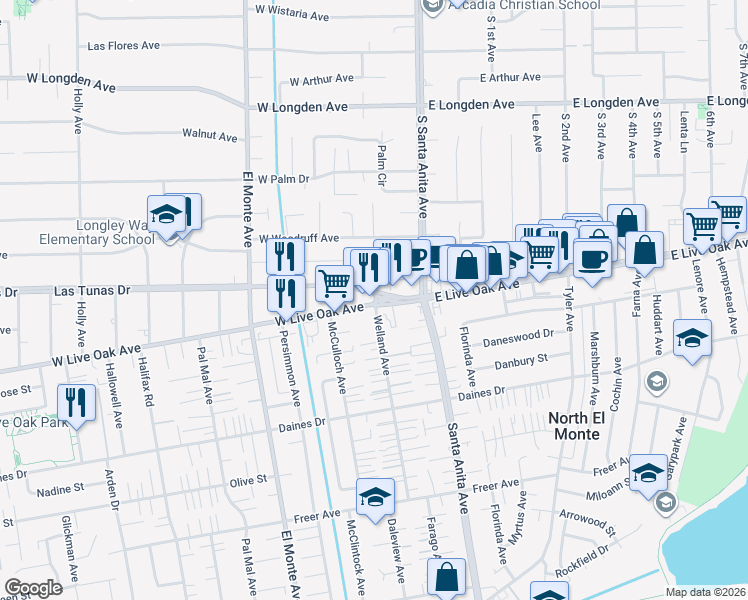 map of restaurants, bars, coffee shops, grocery stores, and more near 2 Las Tunas Drive in Arcadia
