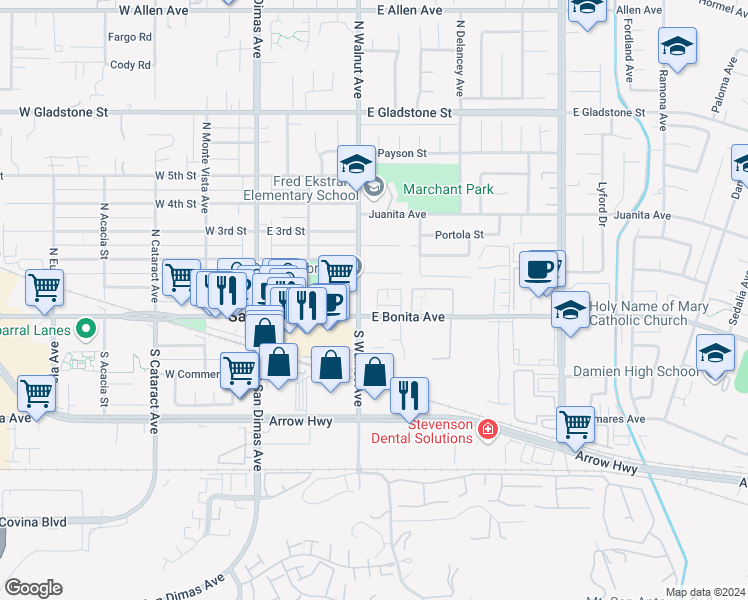 map of restaurants, bars, coffee shops, grocery stores, and more near 317 Pony Express Road in San Dimas