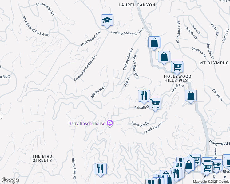 map of restaurants, bars, coffee shops, grocery stores, and more near 2012 Stanley Hills Drive in Los Angeles