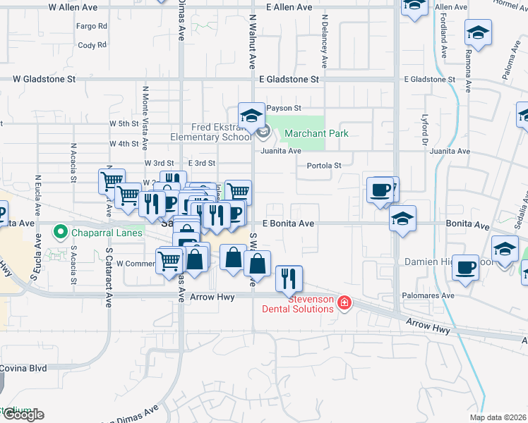 map of restaurants, bars, coffee shops, grocery stores, and more near 301 West Bonita Avenue in San Dimas