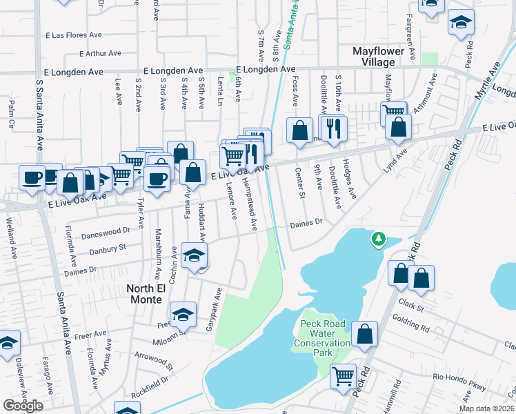 map of restaurants, bars, coffee shops, grocery stores, and more near 3122 Hempstead Avenue in Arcadia