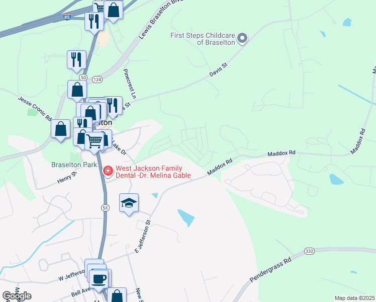 map of restaurants, bars, coffee shops, grocery stores, and more near 415 West Jackson Road in Hoschton