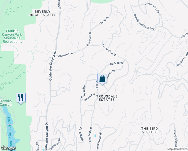 map of restaurants, bars, coffee shops, grocery stores, and more near 1730 Carla Ridge in Beverly Hills