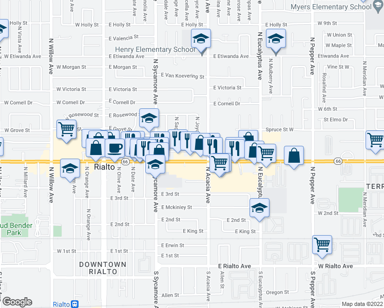 map of restaurants, bars, coffee shops, grocery stores, and more near 402 Foothill Boulevard in Rialto