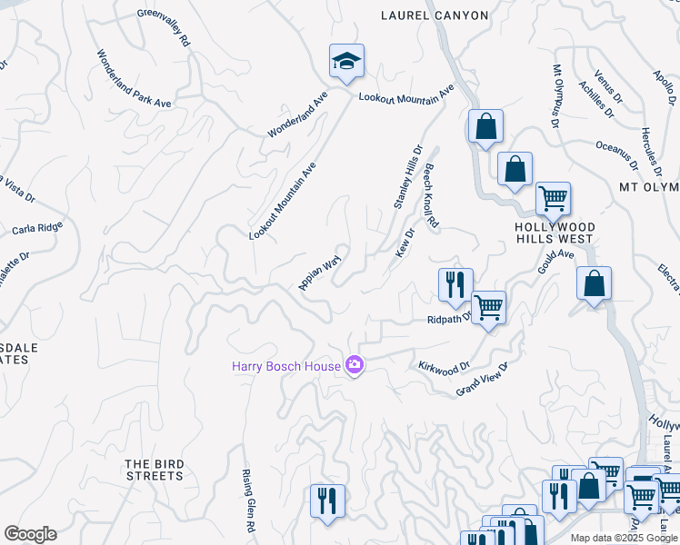 map of restaurants, bars, coffee shops, grocery stores, and more near 8573 Appian Way in Los Angeles